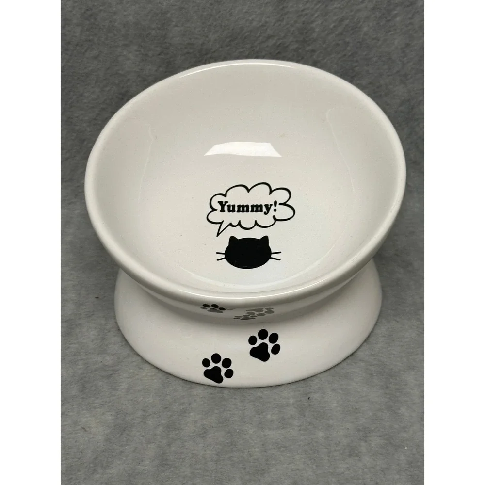 Unbranded Elevated Ceramic Pet Bowl White Tilted Cat Feeder Paw Prints Yummy